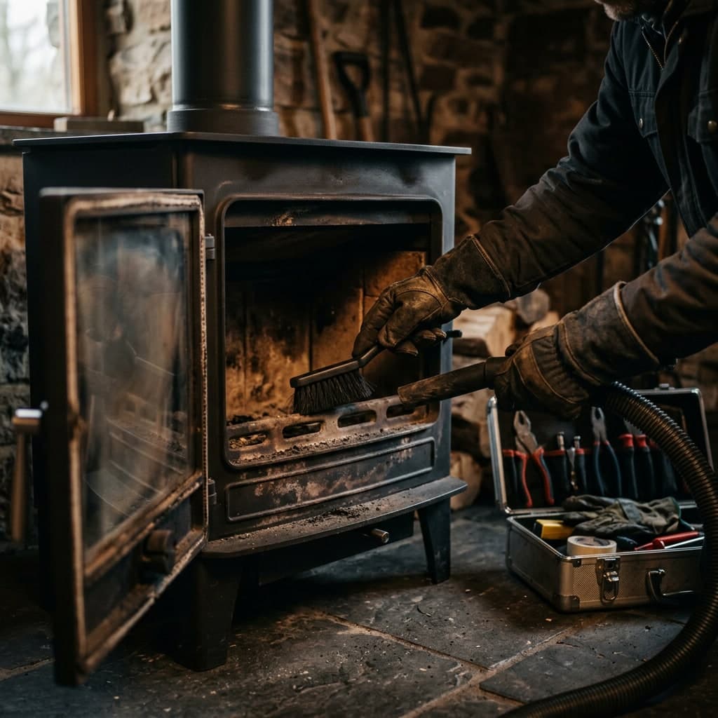Technicien en gants nettoyant le foyer d’un poêle à bois, trousse à outils ouverte