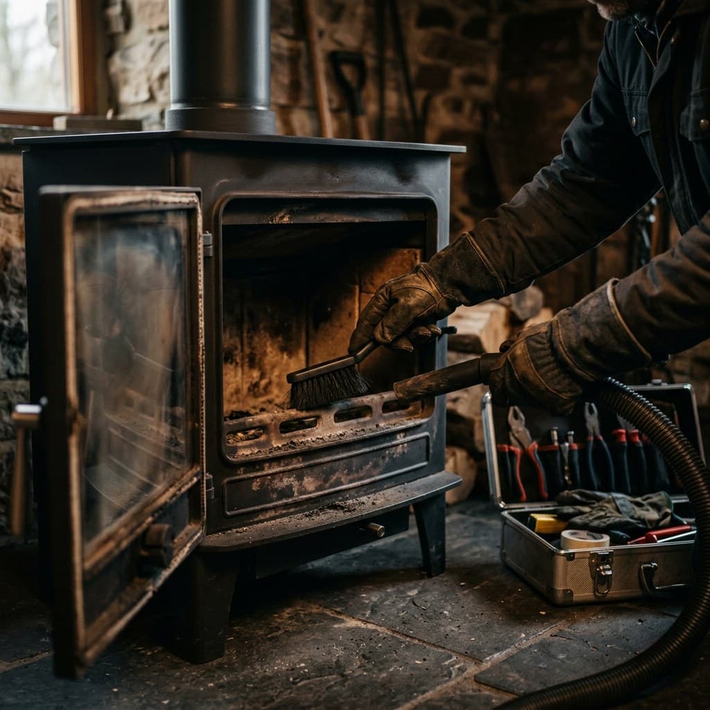 Ramoneur ouvrant un poêle à bois, caisse à outils posée devant