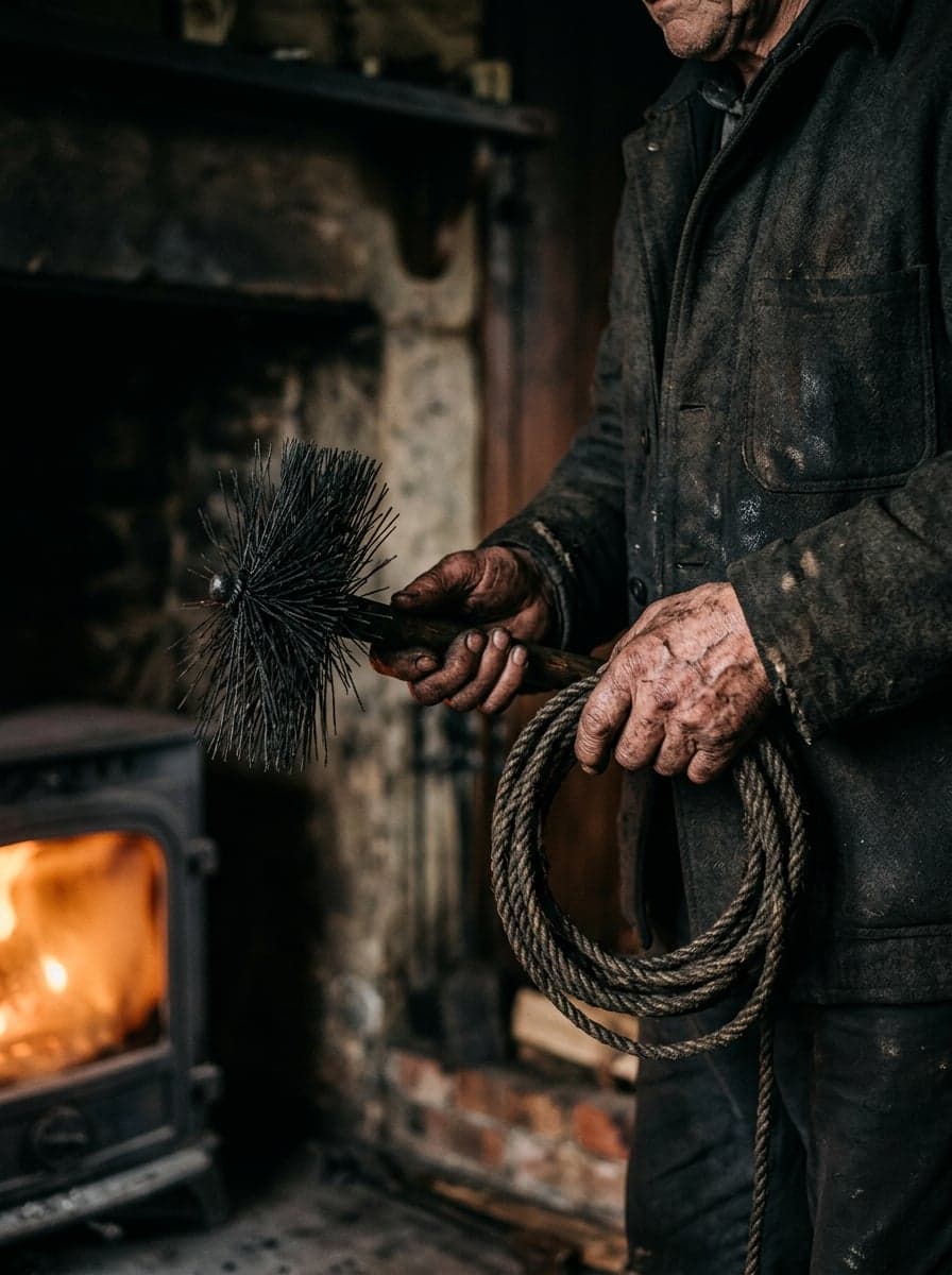 Mains d’un ramoneur tenant un hérisson et une corde, devant une cheminée