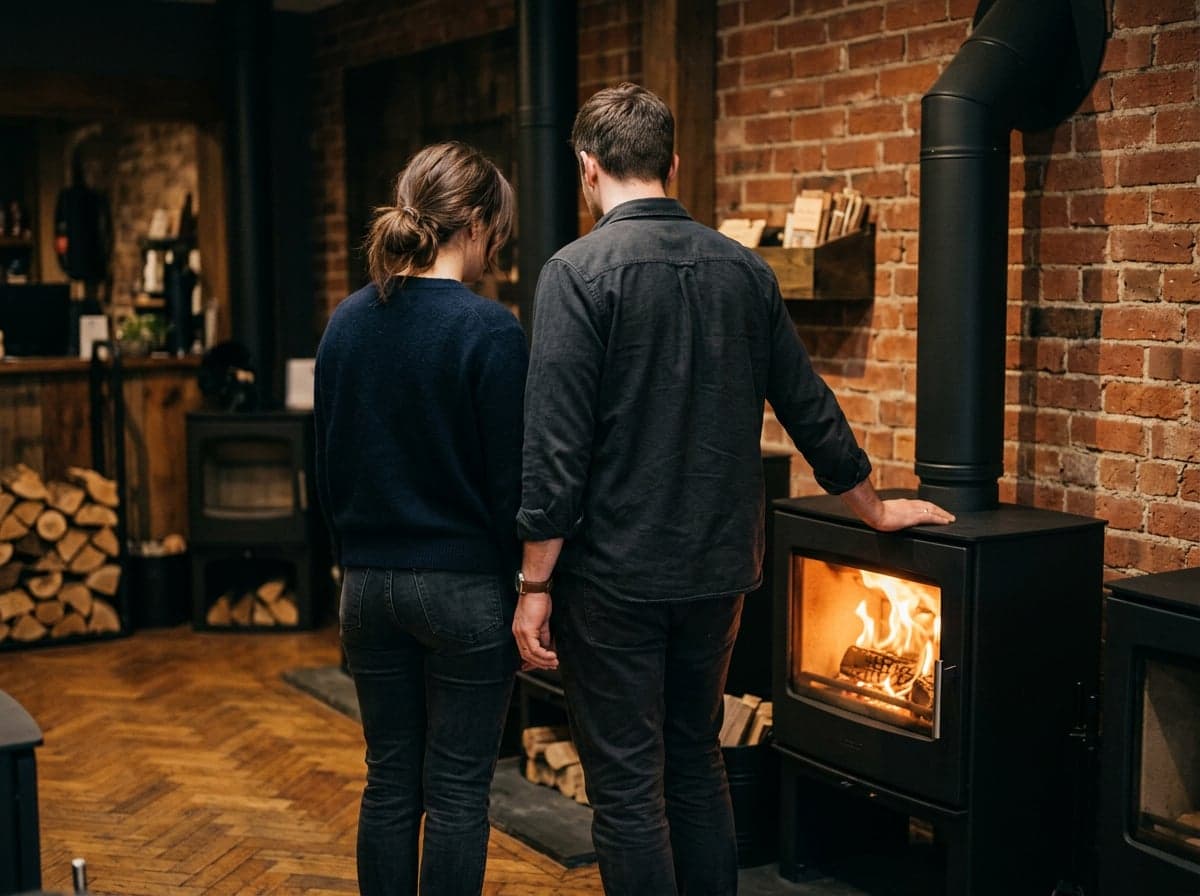 Un couple de dos dans le showroom, devant un poêle allumé
