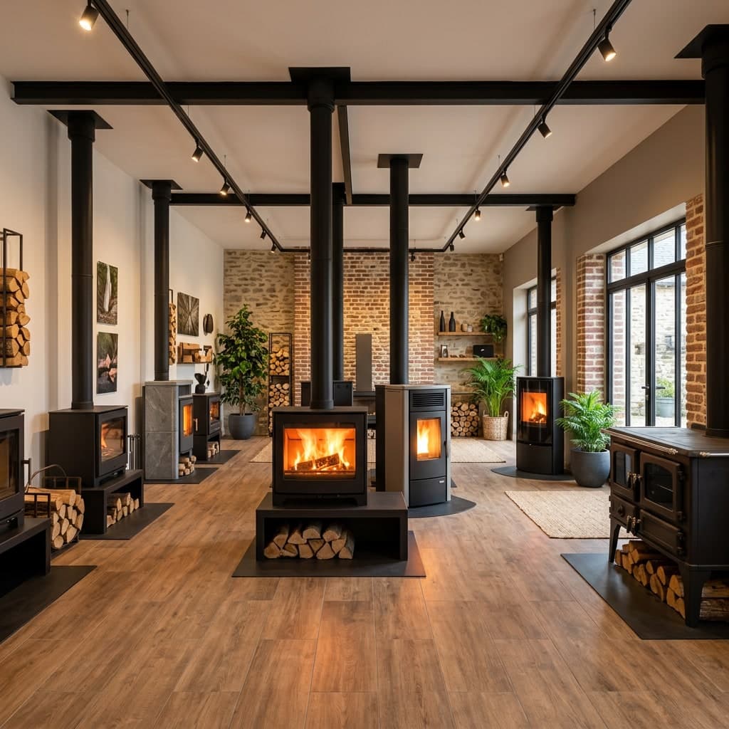 Le showroom Ramona à Bihorel : poêles allumés, poutres noires, parquet