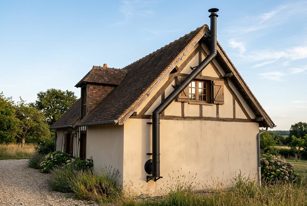Maison normande à colombages, conduit de poêle extérieur noir le long de la façade