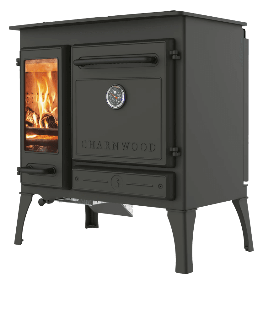 Cuisinière à bois Charnwood noire, foyer vitré et four