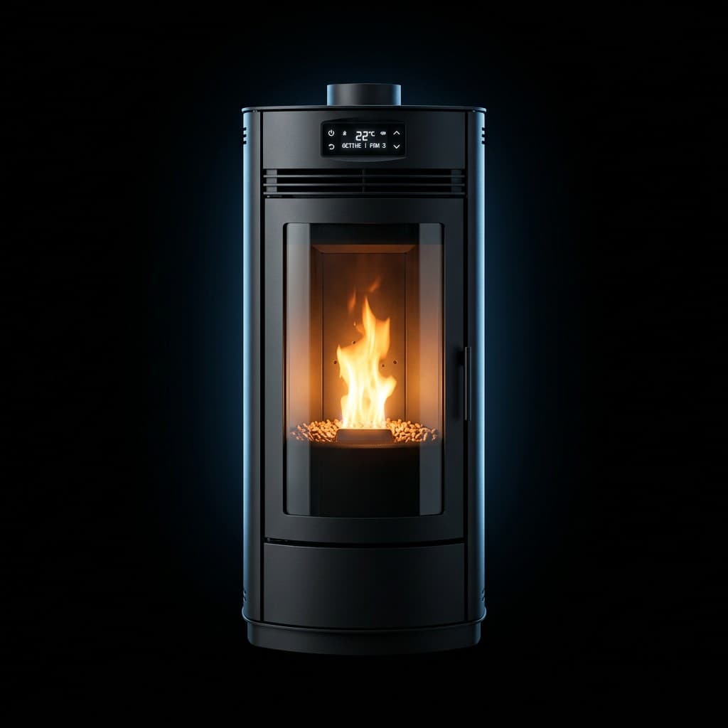 Poêle à granulés noir à écran de commande, flamme derrière la vitre