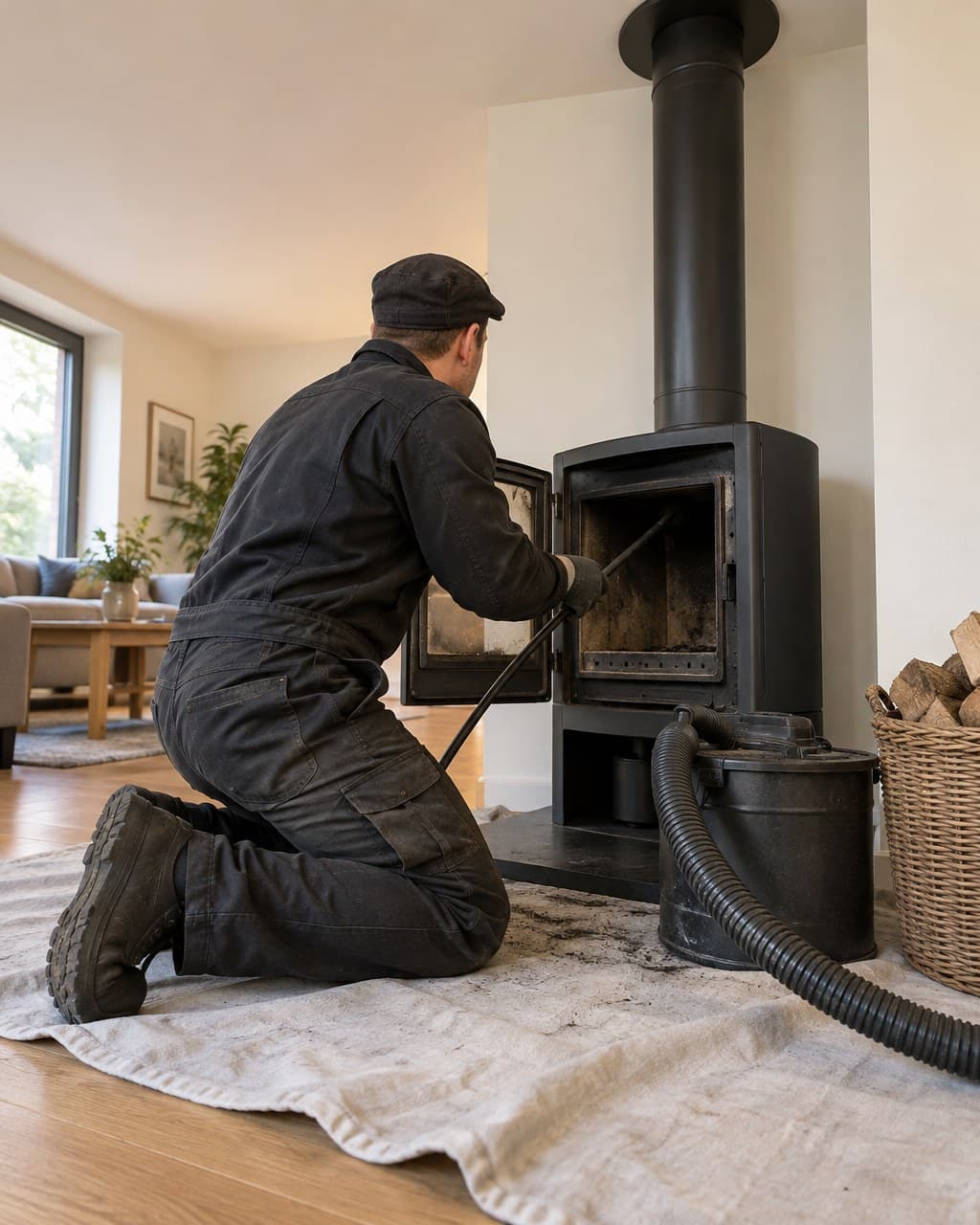 Ramoneur à genoux devant un poêle à bois, aspirateur et bâche de protection